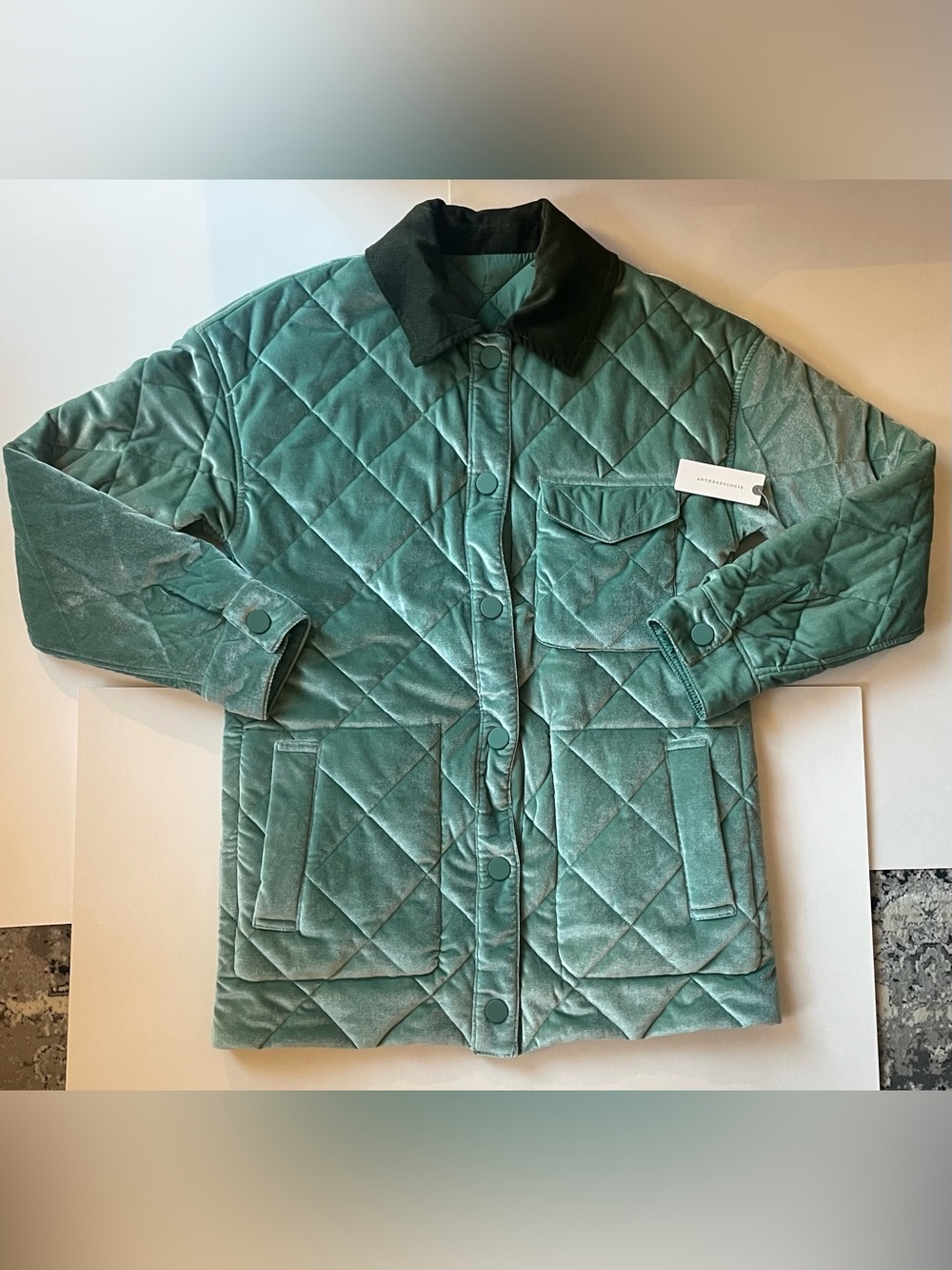 Anthropologie NWT Quilted Green Velvet Shacket with Collar